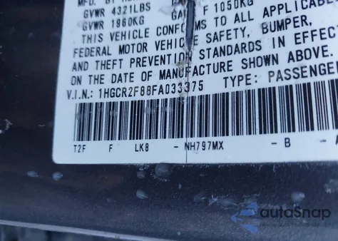 2015 Honda Accord Ex-L z USA, uszkodzony, nr VIN 1HGCR2F88FA033375